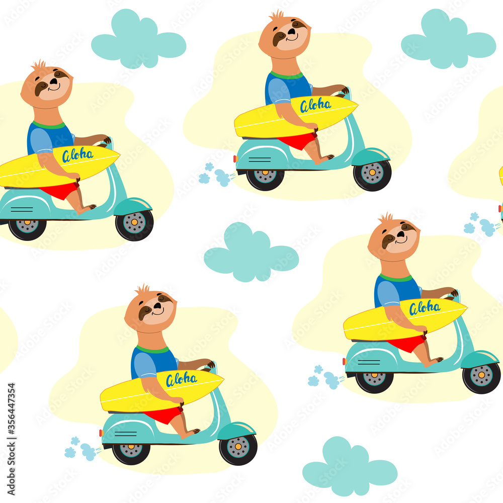 Summer sloth with a surfboard on a moped seamless pattern on a white background. Vector illustration flat style Summer sloth with a surfboard on a moped seamless pattern on a white background. Vector illustration flat style