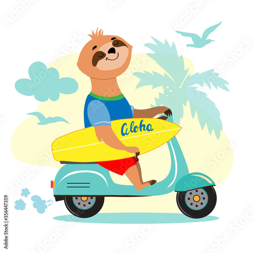 Summer sloth with a surfboard on a moped. Vector illustration. Flat style. Travel concept © Lucky Project