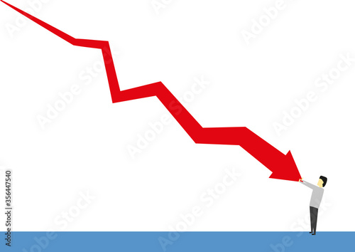Person trying to stop a falling red chart on white background 