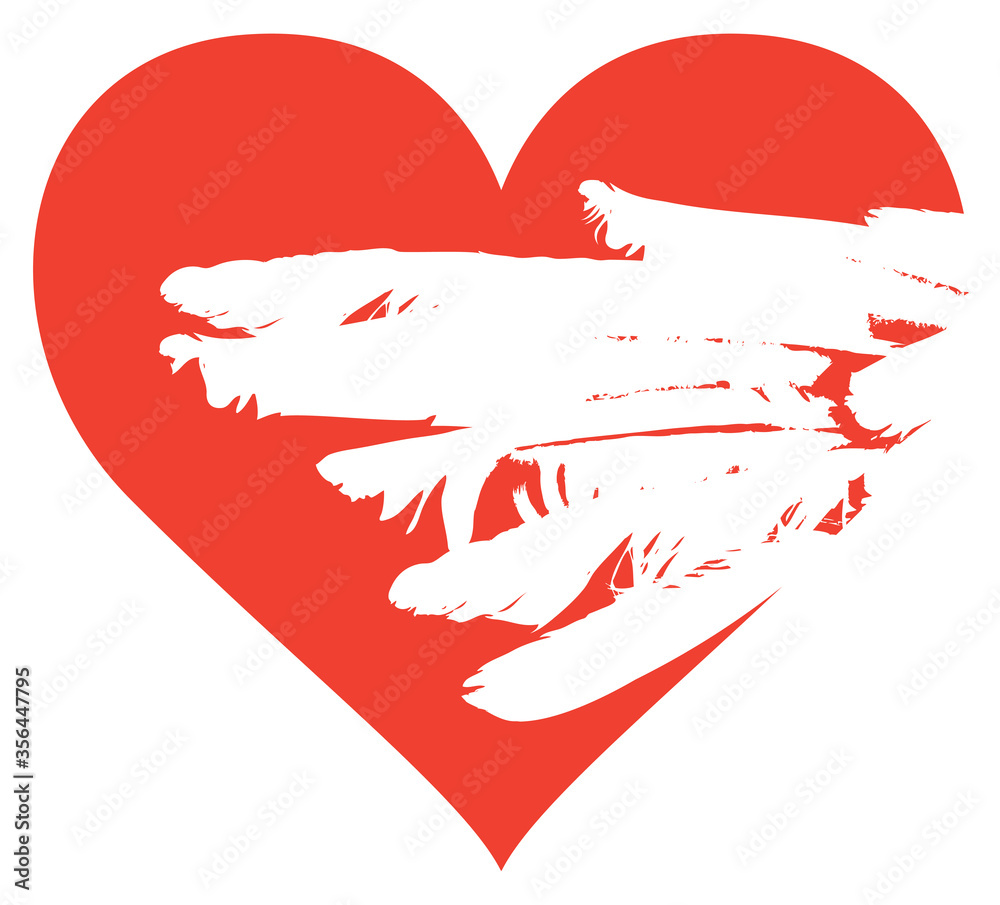White wing on a red heart. Vector graphic abstract illustration of a wing covering a heart isolated on a white background. Suitable for Valentine card, t-shirt design, tattoo, sticker, design element