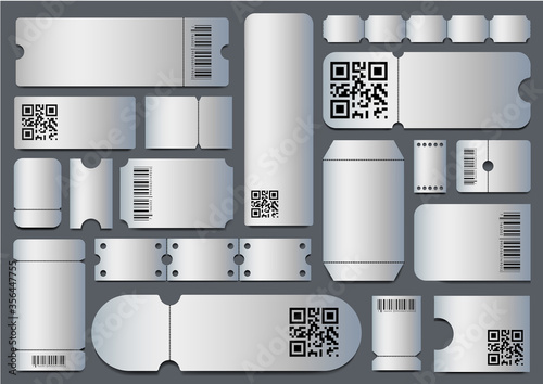 Realistic blank tickets template set. Movie, theater, invitation, entranse tickets. Vector object design on dark gary background. Isolated set.
