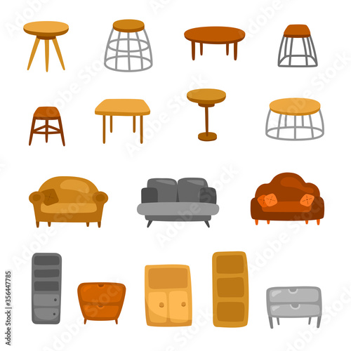 Scandinavian furniture set. Wooden table, couch, sofa, closet, wardrobe. Moder interior vector elments isolated on white background.