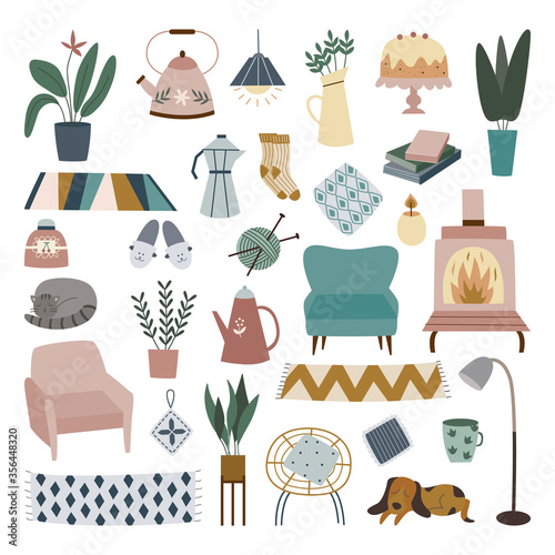 Cozy home decoration set - cute house plant, rug, other interior decor