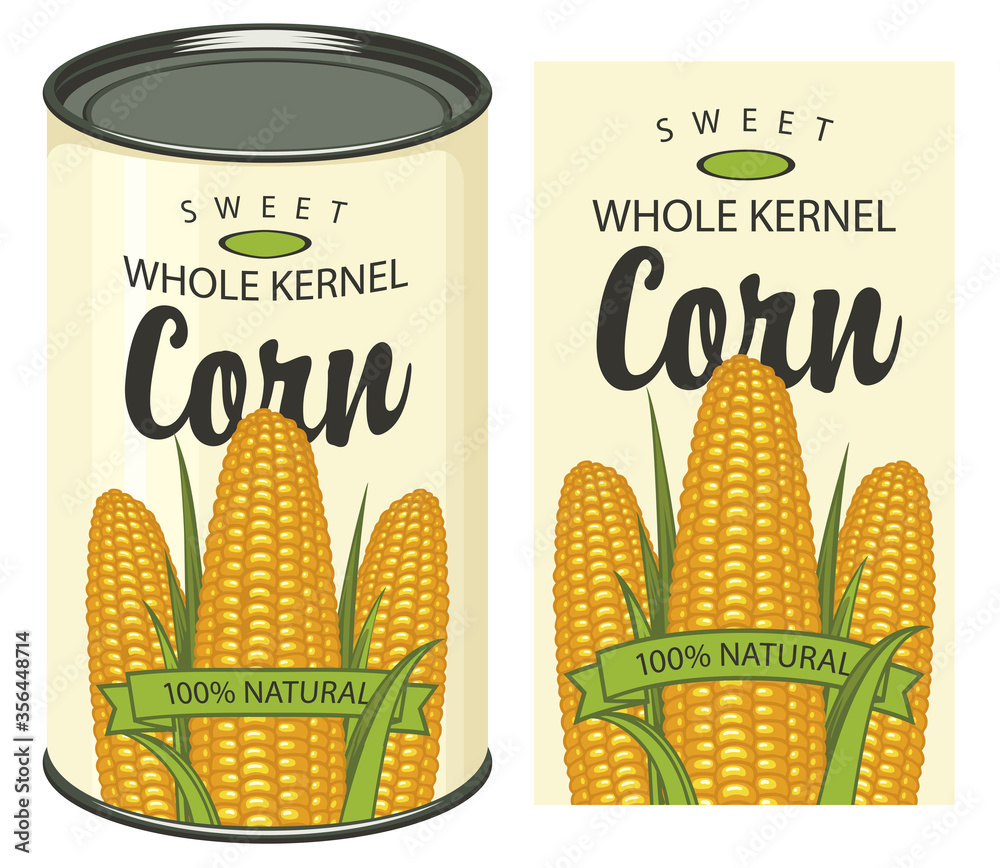 Sweet corn label and tin can with this label. Label design with three