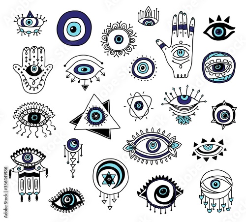 Set of evil eyes and Fatima hands icons cartoon vector illustration isolated.