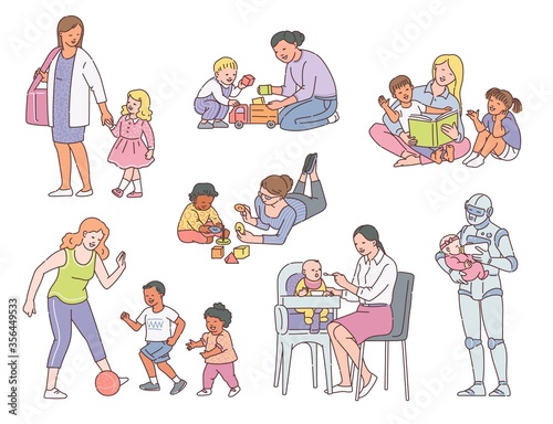 Babysitter taking care and playing with baby sketch vector illustration isolated.