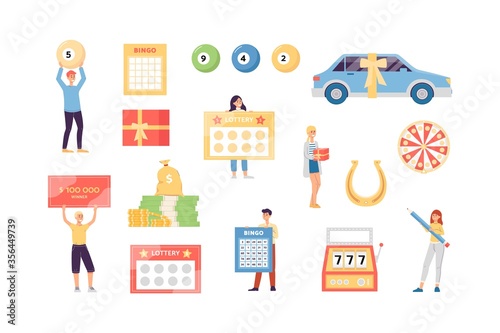 Lottery game elements set - prize money, winning tickets and winners