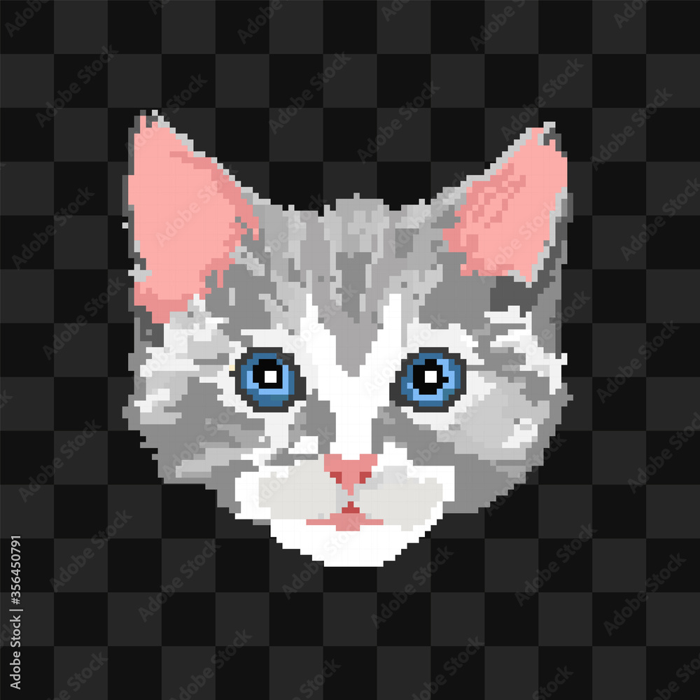 Fototapeta premium Pixel art vector grey tabby cat icon isolated on black background
