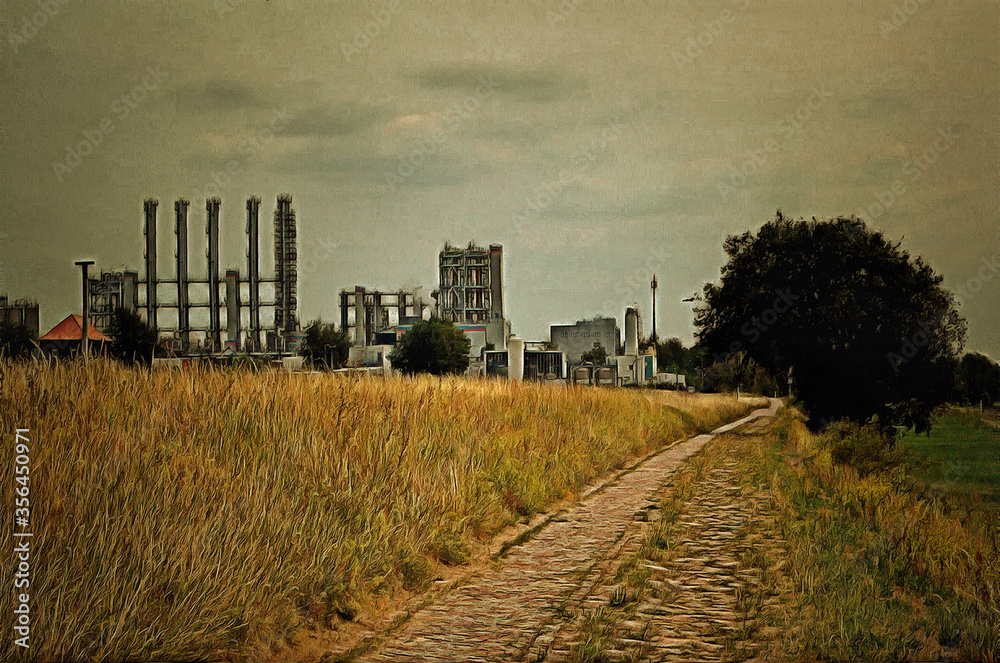 Fototapeta premium Digital illustration - suburban landscape in oil painting style