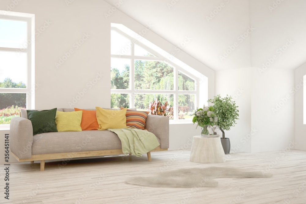 Fototapeta premium White living room with sofa and summer landscape in window. Scandinavian interior design. 3D illustration