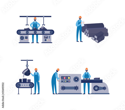 Set equipment for foundry factory with workers flat vector illustration isolated.
