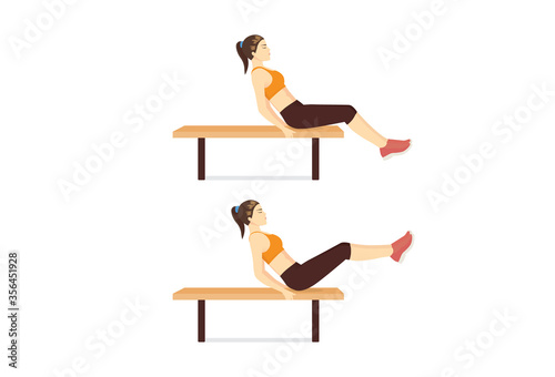 Women doing fitness with Flat bench lying leg Raise in 2 steps. Exercise diagram target muscles on Abdominals area.