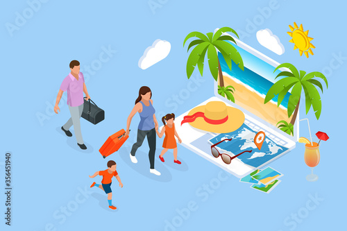 Isometric family summer travel concept. Father with kids on the beach enjoying summer. Family vacation
