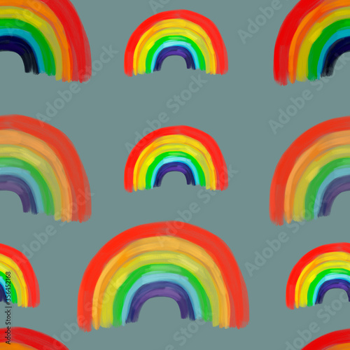 colorful rainbows background on gray. Seamless pattern. Kids drawing. LGBTQ, pride concept. Print, packaging, wallpaper, textile, fabric design