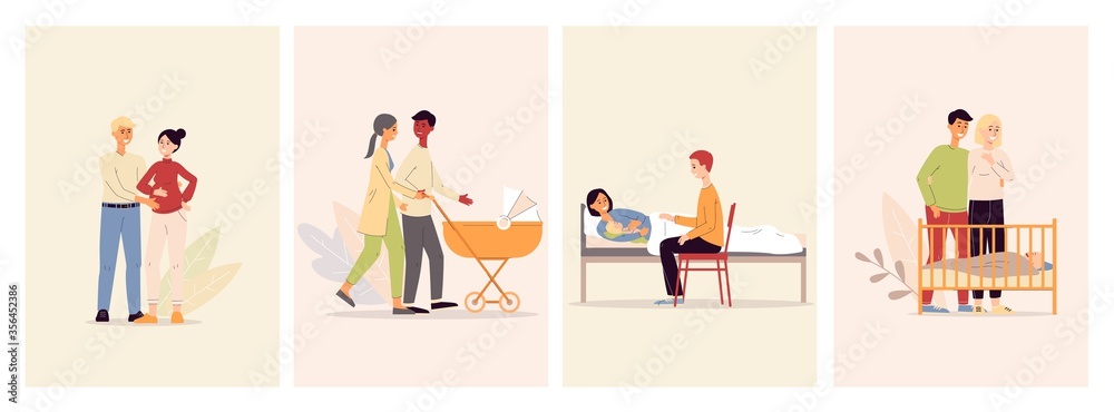 Happy maternity set with parents characters flat vector illustration isolated. Happy maternity set with parents characters flat vector illustration isolated.