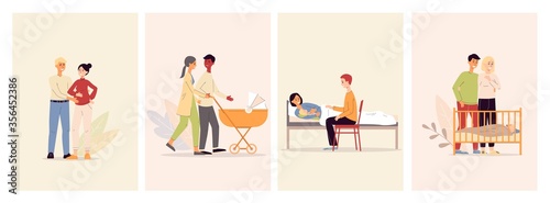Happy maternity set with parents characters flat vector illustration isolated.