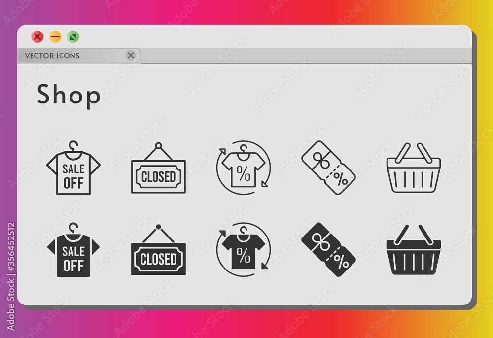 shop icon set. included shirt, closed, discount, shopping-basket, shopping basket icons on white background. linear, filled styles.