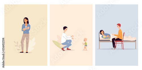 Happy maternity set of parents after babybirth flat vector illustration isolated.
