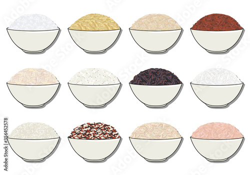 Set of rice in bowl. Hand drawn vector illustration