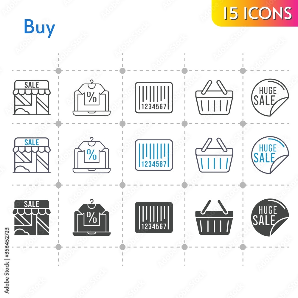 buy icon set. included online shop, sale, shop, shopping-basket, barcode, shopping basket icons on white background. linear, bicolor, filled styles.
