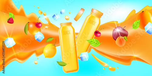 Summer cold drinks banner with juice bottle, lemon, mango, apple, peach, ice cube, splash. Fresh beverages concept with exotic tropical fruit in realistic style on blue background.