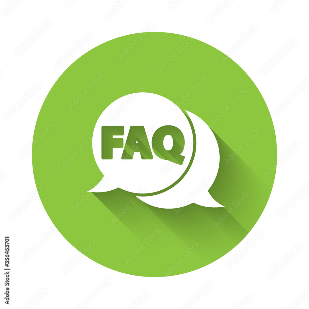 White Speech bubble with text FAQ information icon isolated with long shadow. Circle button with text FAQ. Green circle button. Vector Illustration. White Speech bubble with text FAQ information icon isolated with long shadow. Circle button with text FAQ. Green circle button. Vector Illustration.