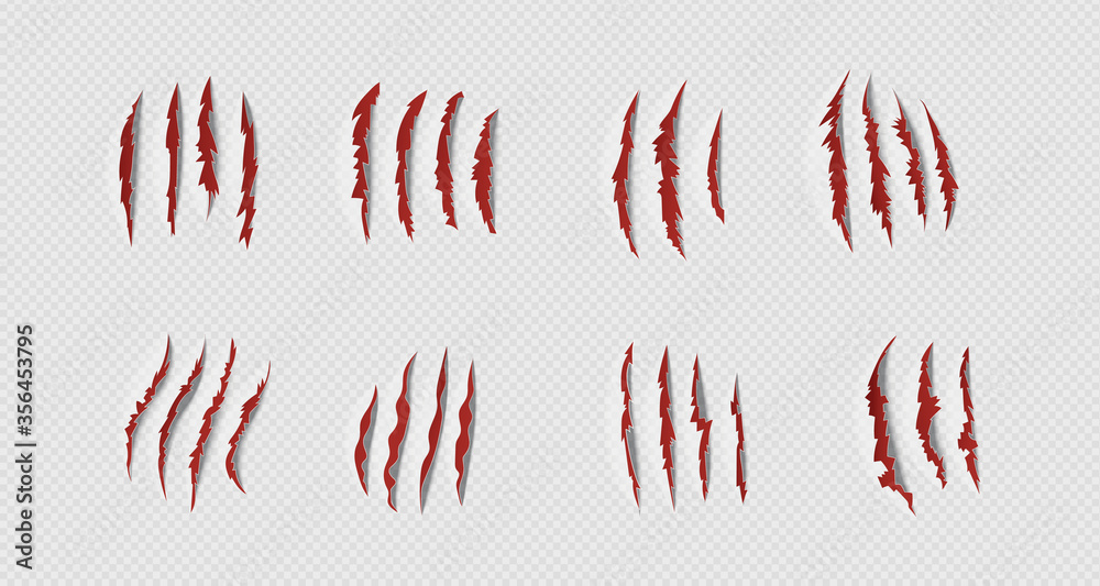 A set of claw marks. Realistic red scratches. Vector illustration on a transparent background.