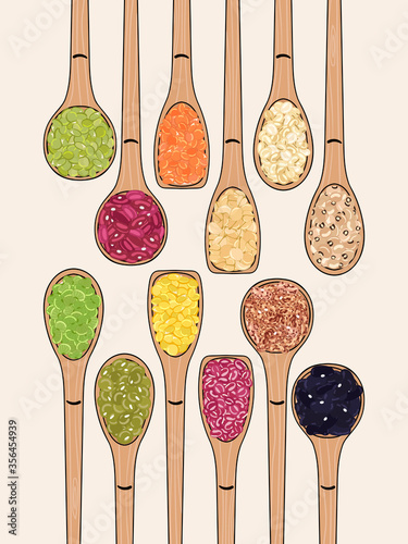 Set of spoons with beans and legumes