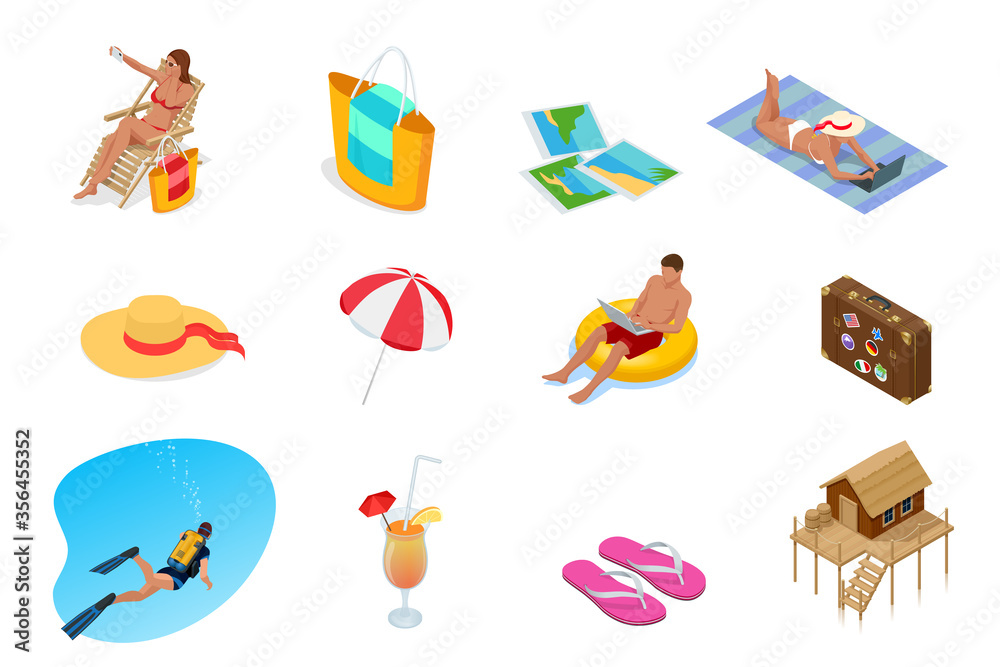 Isometric Collection of Summer icons. Summer and Holidays elements.