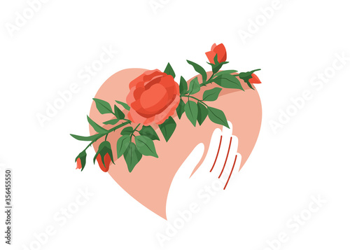 Love and peace concept, say no to stop racism. Black Lives Matter vector background. Human hand hold pink heart, rose plant wraps it