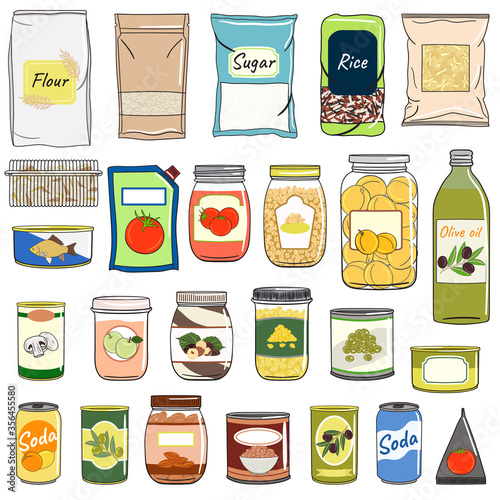 Set of canned food. Preserved food in cans, glass jars, metal containers, packs of cereals