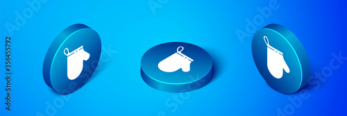 Isometric Oven glove icon isolated on blue background. Kitchen potholder sign. Cooking glove. Blue circle button. Vector Illustration.