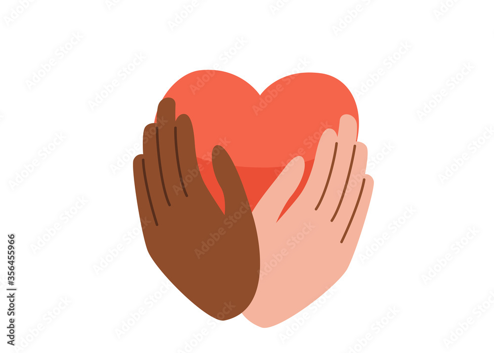 Obraz premium Say no to stop racism. Black Lives Matter vector background. Human black and white hands hold pink heart. Motivational poster against ethnocentrism and discrimination