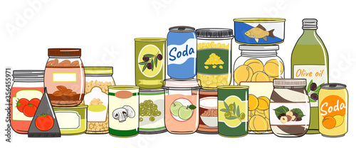 Set of canned food. Preserved food in cans, glass jars, metal containers