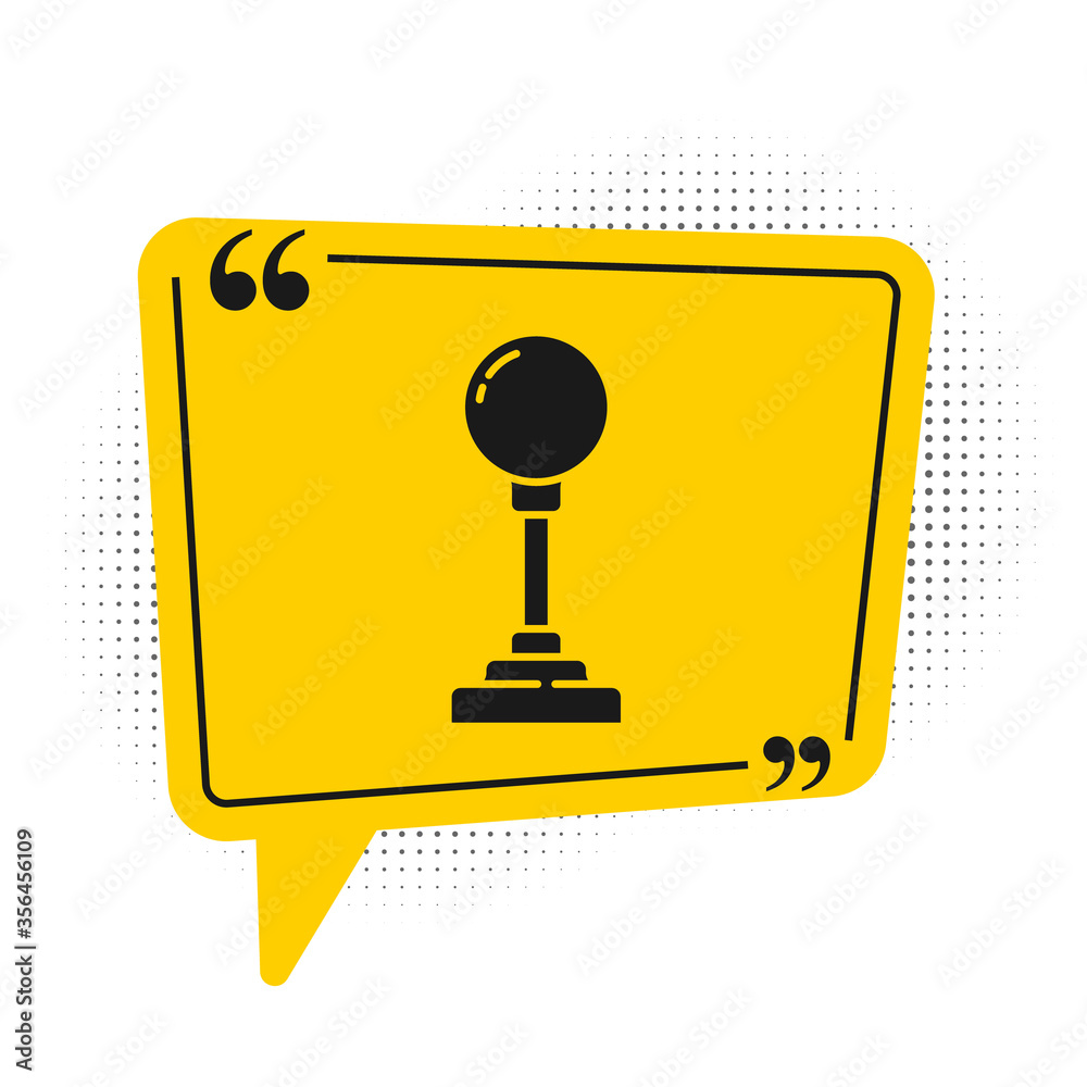 Black Joystick for arcade machine icon isolated on white background. Joystick gamepad. Yellow speech bubble symbol. Vector Illustration.