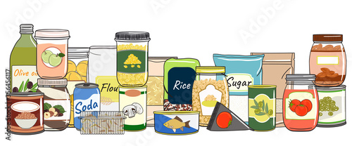 Set of canned food. Preserved food in cans, glass jars, metal containers