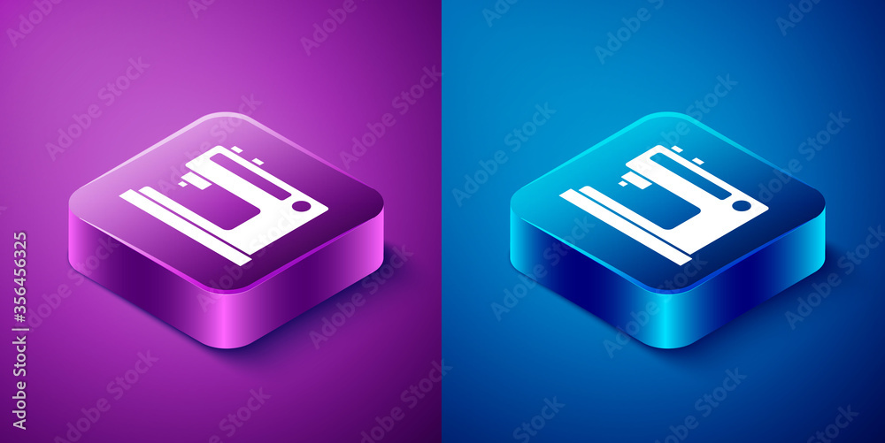 Isometric Sewing machine icon isolated on blue and purple background. Square button. Vector Illustration.