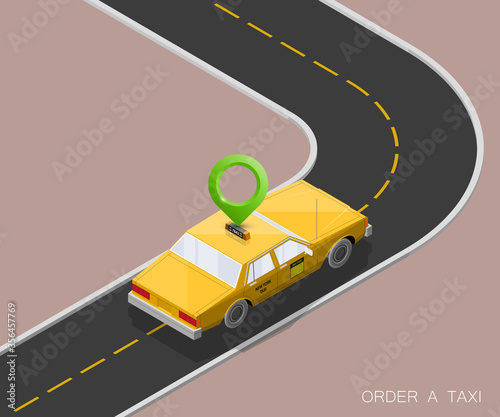 Yellow isometric taxi cab banner. Online navigation application order taxi service. Isometry car isometric route banner. 3D taxi classic vehicle itinerary road. Get a taxi online phone application