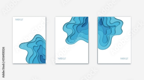 Vertical A4 banners with 3D abstract flowing blue and white liquid background. Design layout for brochures, flyers, posters or invitations. Paper cut out art digital craft style. Vector illustration