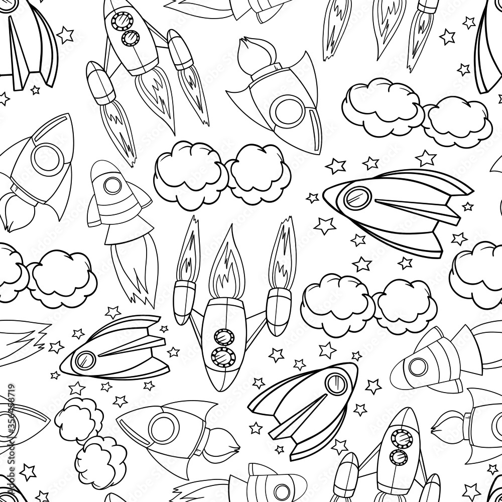 pattern seamless rocket stars and clouds contour vector coloring book isolate on white background graphics for kids space technology flight wallpaper print illustration