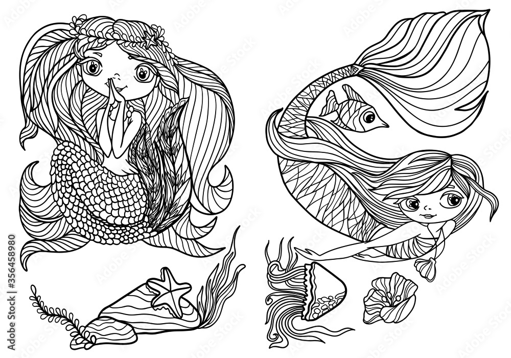 Fototapeta two mermaids contour book coloring anti stress for kids page set with fish sketch doodle vector illustration sea ocean print