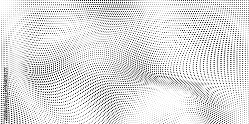 Abstract wave halftone black and white. Monochrome texture for printing on badges, posters, and business cards. Vintage pattern of dots randomly arranged