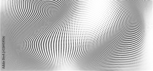 Abstract wave halftone black and white. Monochrome texture for printing on badges, posters, and business cards. Vintage pattern of dots randomly arranged