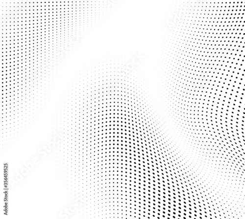 Abstract wave halftone black and white. Monochrome texture for printing on badges, posters, and business cards. Vintage pattern of dots randomly arranged