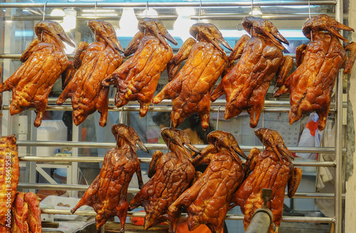 Roast duck hanging in market, Hong Kong