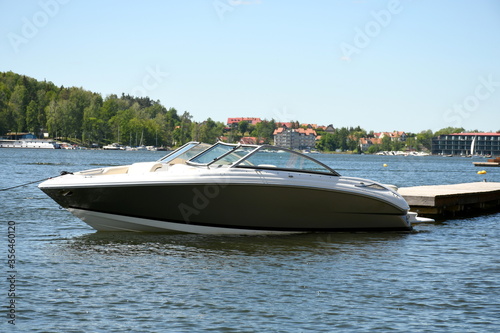 A close up of a speed boat with a black and white hull and a big windshield parked next to a wooden jetty or marina located at the edge of a vast yet shallow river or lake in Poland in summer