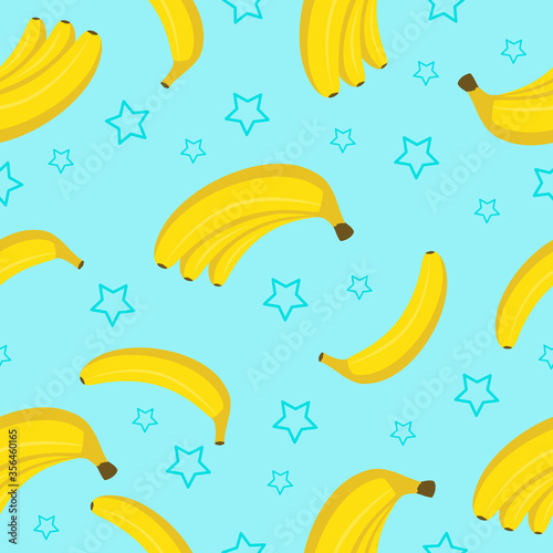 Fruit seamless pattern. Summer vector background with yellow bananas and stars on a blue background. For the design of fabrics, packaging and wallpapers.