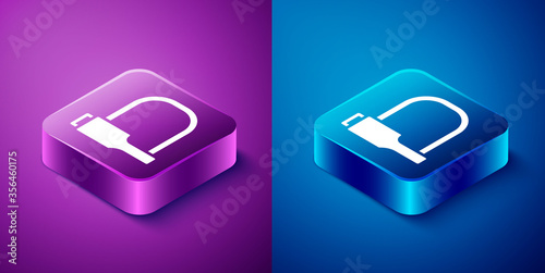Isometric Bicycle lock U shaped industrial icon isolated on blue and purple background. Square button. Vector Illustration.