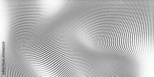Abstract wave halftone black and white. Monochrome texture for printing on badges, posters, and business cards. Vintage pattern of dots randomly arranged