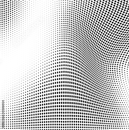 Abstract wave halftone black and white. Monochrome texture for printing on badges  posters  and business cards. Vintage pattern of dots randomly arranged